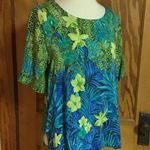 Vintage 80s bright snakeskin & Hawaiian tropical flowers tunic top Green Size M Photo 3
