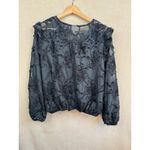 MELLODAY Black Textured V-Neck Tie Blouse Size L Long Sleeve Ruffle Shirred Cuff Photo 2