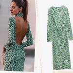 ZARA  Open Back High Neck Midi Length Green Floral Dress size L Photo 13