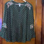 Chico's Olive Green Long Sleeve Embroidered Peasant Boho Dots top size 3 (XL) Photo 1