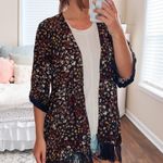 Maurice's Black Floral & Black Fringe Short Sleeve Kimono Photo 1