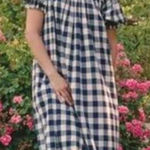 DÔEN Whisper Dress Blue White Gingham Embroidered Midi Dress Size M Photo 0