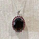 JTV Smoky Quartz and Red Gemstone Halo Pendant Necklace Silver Tone Photo 2