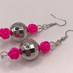 Handmade Disco Ball and Pink Rose Pink Pony Club Aesthetic Beaded Earrings Photo 0