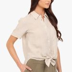 Theory  Hekanina Front Tie Linen Weave Button Down Shirt‎ top tan size Small Photo 1