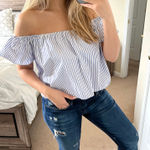 ZARA Blue Striped Off Shoulder Flutter Sleeve Blouse S Preppy Photo 0
