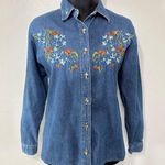 Vintage Lauren Brooks Boho Floral Embroidered Denim Button Down Top Size S Blue Photo 0