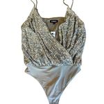 EXPRESS Silver Gold Sequin Bodysuit Fuax Wrap Adjustable Straps Womens Small NWT Photo 3