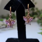 Gold with Pink Cubic Zirconia Butterfly Huggie Earrings Photo 0