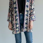 Soft Surroundings  Floral Kimono Cardigan Floral Blue V-Neck Topper Cover XL Photo 0