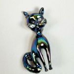 IRIDESCENT CAT Brooch Mid Century Modern brooch Carnival Pin Jewelry 50’s/60’s Blue Photo 0