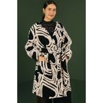 Farm Rio NWOT  Wool Blend Wild Hearts Tie-Belt Fleece Coat Size S Black White Photo 3