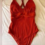 Orange One Piece Swimsuit with Halter Neck and High Photo 0