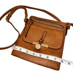 Brown Tan Leather Crossbody Design Bag Purse Gold Detail Square Style Adjustable Photo 3