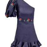 Fanm Mon Flame Size XL Mini Linen One Sleeve Ruffle Hem Floral Embroidery Dress Blue Photo 0