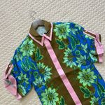 NWT ALEMAIS WINNIE FLORAL SPLICED BLUE BROWN Linen Short Sleeves SHIRT Blouse 2 Green Photo 1