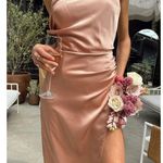 Show Me Your Mumu Asymmetrical Draped Neck Jodie Dress in Rose Gold Luxe Satin M Photo 3