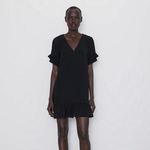 ZARA  Black Deep V Neck Ruffle Pullover Short Sleeve Shift Mini Dress Size S Photo 1