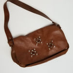 MADE IN ITALY GENUINE LEATHER BROWN FLAP STUD BAGUETTE Silver Photo 0