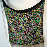 Vintage Boho Beaded Shoulder Bag Multi Color Flower 70's Fringe Festival Bag Black Photo 0