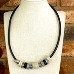 Vintage stone, metal and rhinestone beaded charms on black leather necklace Photo 0