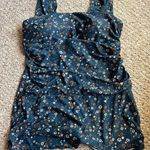 Women’s 2XL Blue Floral Swimsuit One Piece Shorts Dress Side Ruching Tank Size XXL Photo 0