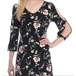 Kaari Blue Floral Midi Dress Women's Medium Black Pink Cut Out Sleeves V Neck Photo 0