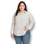 Ava & Viv Gray Striped Button Down Shirt Floral Embroidered Office Preppy Sz 1X Photo 1