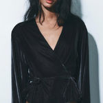 ZARA Elegant Black Long Sleeve Dark Gray Velvet Wrap Blouse Women’s Size Small Photo 0