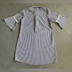 Millenium Shirt Dress Small Blue Striped Floral Embroidered Button Bell Sleeves Photo 3