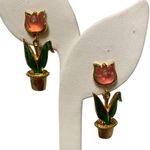 Avon Gold Tone Pink Tulip Flower Pot Dangle Clip Earrings Green Enamel Cottage Photo 0