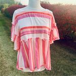 THML Pink Orange Striped Peasant Top XS Ruffle Flutter Sleeve Cotton Boho Peplum Photo 1