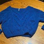 Free People  Blue Chenille Chunky Cable Knit Oversized Cropped Sweater Size XS Photo 0