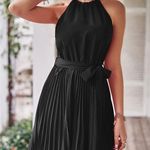 NEW Black Halter Neckline Belted Waist Pleated Skirt Swing Dress Size XL Photo 1