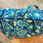 Quilted Fabric Overnight Weekend Duffle Bag Carry On Blue Yellow Floral Zip Photo 2