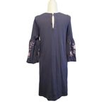 Loft  Navy Blue Embroidered Floral Bell Sleeve Knee Length Dress Size Medium Photo 2