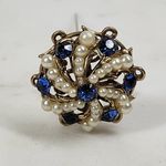 Antique Rhinestone Seed Pearl Hat Pin 4" Metallic Blue Golden Flower Lapel Stick Gold Photo 0