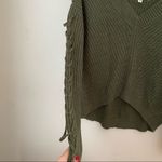 No Comment Sweater V-Neck Casual Olive Green Knit Neutral Cozy Trendy Lace Up Photo 4