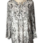 Tribal Shirt Women Large Ivory Gray Floral Fleur Lace Up Neck Ruffle Hem Top Photo 0