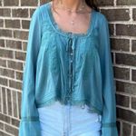 Free People Evermore Lace Inset Semisheer Cotton Top in Mineral Blue Size Small Photo 0
