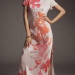 Anthropologie  NWT Short Sleeve Floral Satin Maxi Slip Dress Pink Combo Size M Photo 0