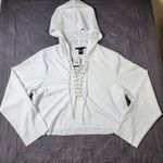 Ashley Stewart Womens 18/20 White Cropped Hooded Shirt NWT Boho Ties Lightweight Photo 0