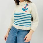 vintage coastal nautical anchor novelty striped turtleneck sweater 3/4 sleeve s Blue Photo 1