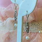 Dangle Earrings Silver Tone Filigree Faux Pearl Drop Leverback Jewelry Photo 2
