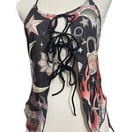 Romwe  Black Multicolor Moon Floral Print Halter Top Size L Lace Up Open Back Photo 0