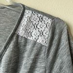 SheIn New Gray and White Lace V Neck Peplum Fit Flare Wrap Top Casual Balloon Sleeves Photo 2