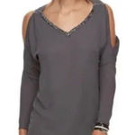 Juicy Couture Gray Shoulders Cut outs V-Neck Top with rhinestones Sz L Photo 0