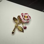 Pink & White Porcelain Rose Bud Flower Stem Brooch Pin Gold Tone Signed CR Photo 0