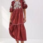 Anthropologie  Crimson Midi Dress with Cream Embroidery Photo 2