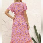 ZESICA WOMEN'S PINK ORANGE FLORAL PRINT WRAP DRESS BOHO BEACH FLOWY Size M Photo 1